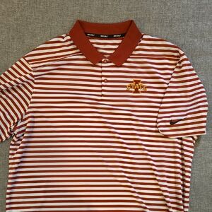 Nike Men's Red and White Striped Polo with Iowa State Logo